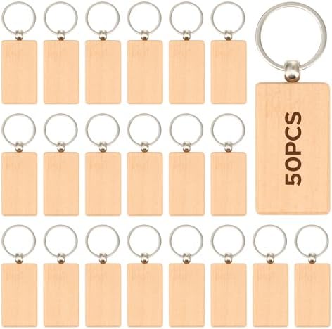 OMTech Wooden Keychain Blanks, Wood Key Chain Bulk, Unfinished Wooden Key Rings Key Tags for Laser Engraving DIY Craft Gift by OMTech