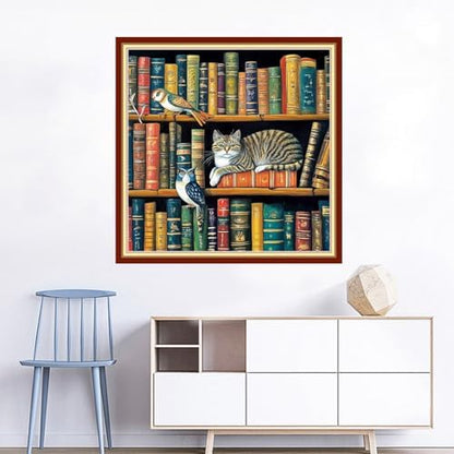 Joyhoor Cross Stitch Kits for Beginners Stamped Cross-Stitch Supplies Needlework preprint Embroidery Kits for Adults DIY Needlepoint Kits Embroidery Patterns 11CT-Cat Bookshelf 18x18 inchs - Image 2
