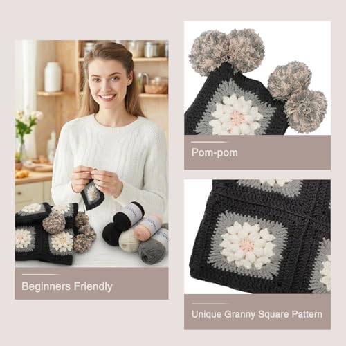 Noocro Complete Crochet Kit for Pom-Pom Granny Square Scarf Hood, DIY Yarn Kit, Detailed Instructions, Step by Step Video Tutorial, Beginner-Friendly, Intermediate Crocheter Craft Set (Pinky Ash) - Image 4