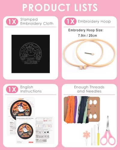 TINDTOP Halloween Embroidery Kit for Adult, Embroidery DIY Starter Kit, with Stamped Patterns, Hoop, Tools, Colorful Threads with Needles, Instructions (Halloween B) - Image 2