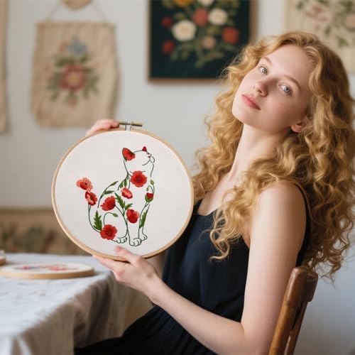 Crafmanoe Cat Embroidery Kits for Beginners Adults, Flowers Embroidery Starter Kits, Counted Cross Stitch Kits for Beginners Adults Hobbies Set for Women, Embroidery Hoops, Thread and Video Tutorial - Image 4