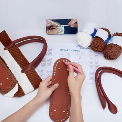 ORIGACH DIY Crochet Handbag Kit for Beginners, Dark Brown Striped Tote Bag with PU Leather Band and Base, Complete Crochet Set to Make a Bag, Include Yarn, Hooks, Markers and Instruction - Image 5