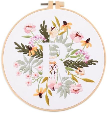 IUHUI Embroidery Kit for Beginners Adults - 26 Floral Letters Easy Patterns, DIY Hand Stitching Embroidery Set with Hoop (Flower and Grass Letter R) by Unknown