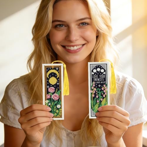 INFUNLY 6PCS Moon Flower Cross Stitch Bookmark Kit 3x8.5 Inch Botanical Stamped Embroidery Bookmark Kits with Moon Rose Lily Mushroom Needlepoint Bookmark Kit with Instruction for Book Lovers Readers - Image 7