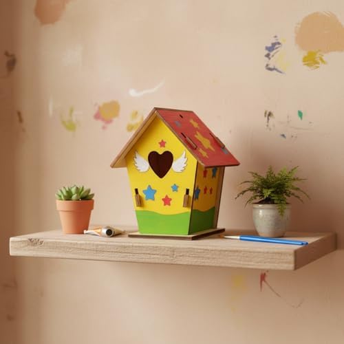 DIY Wooden House Craft Kit with Paints & Brushes, Pre-Cut Basswood Assembly Project for Home Decor, 5.9 x 4.7 x 7.1 Inches - Image 3