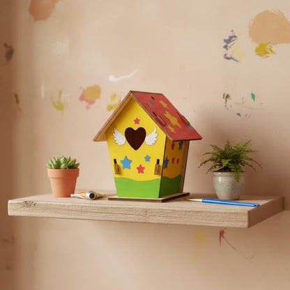 DIY Wooden House Craft Kit with Paints & Brushes, Pre-Cut Basswood Assembly Project for Home Decor, 5.9 x 4.7 x 7.1 Inches - Image 3