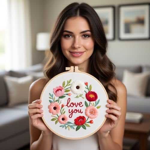 JJFox Embroidery Kit for Beginners and Adults, DIY Hand Embroidery Starter Kit with Cute Pattern, Cross Stitch Needlepoint Set with Hoop, Threads and Instructions (Love You) - Image 3