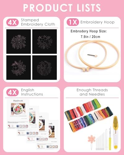 TINDTOP 4 Pack Embroidery Kit for Adult, Embroidery DIY Starter Kit, with Stamped Patterns, Hoop, Tools, Colorful Threads with Needles, Instructions - Image 2