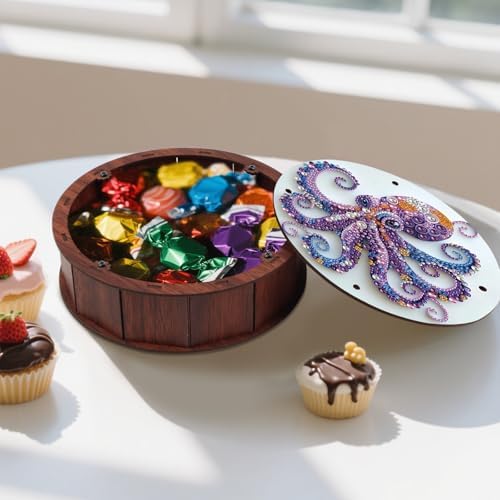 antor DIY Diamond Art Painting Storage Box, Octopus Design 5D Crystal Rhinestone Art Wooden Serving Box, Round Snack or Trinket Container Tabletop Ornament for Ocean Decor or Handmade Gift - Image 5