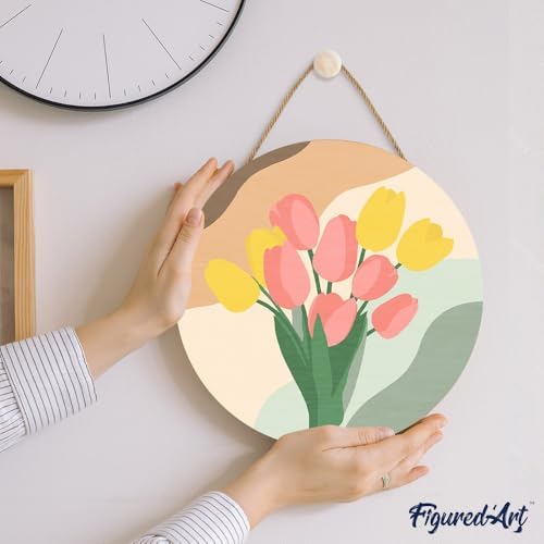 Figured'Art Paint by Numbers Kit for Adults on Wood Slice, 11.8in Diameter - Bouquet of Tulips - Craft Art Painting DIY Canvas - Image 3