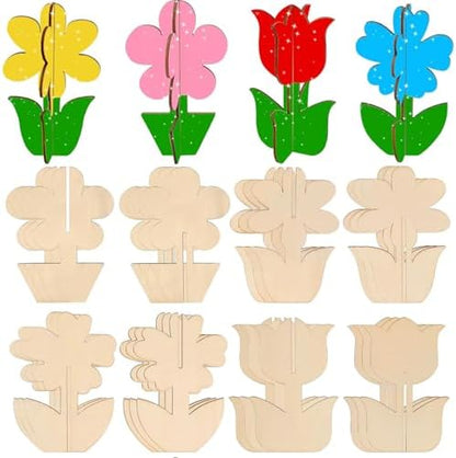 24PCS 3D Flower Spring Wood Crafts to Paint for Kids Adults, 4 Styles Unfinished Wood Crafts to Paint, Flowers Ornaments for Painting Decorations, Easy Crafts for Kids/Adults/Seniors by WOLWEFA