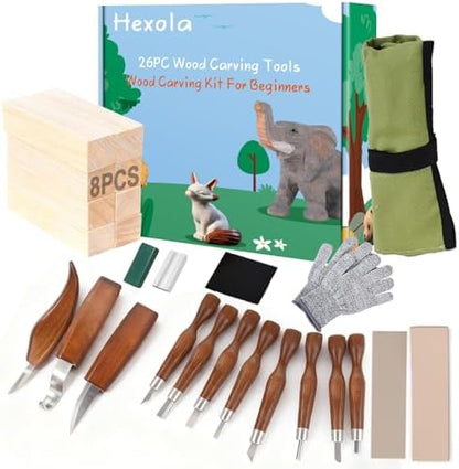 Wood Carving Kit Whittling Kit 26pcs Wood Carving Tools Knife Set with 3 Wood Carving Knives 8 Detail Knives 8 Blocks, Whittling Kit DIY Hobbies for Beginners Adults Kids - Gift for Men Teens by Hexola