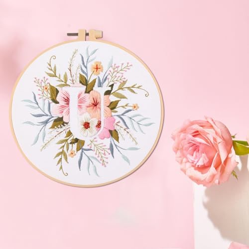 IUHUI Embroidery Kit for Beginners Adults - 26 Floral Letters Easy Patterns, DIY Hand Stitching Embroidery Set with Hoop (Flower and Grass Letter U) - Image 2