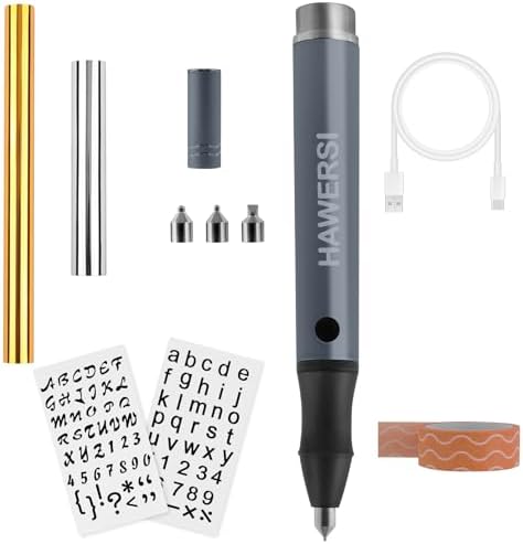 HAWERSI Cordless Hot Foil Pen Starter Kit,Foil Quill Tool with Stencil Sheets,4 Metal Tips(Fine,Standard,Bold,and Flat),Rolls in Gold,Silver and Placement Tape DIY Scrapbooks,Leather,Cards by HAWERSI