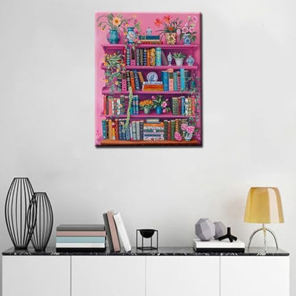 Bookshelf Book Theme Paint by Numbers Kits for Adult Boho Paint by Numbers Library Painting Kits on Canvas with Brushes and Acrylic Pigment for Home Wall Decor Without Framed 16''W x 20''H - Image 4