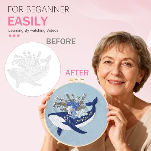 Huacan Embroidery Kit for Beginners Adults Includes Stamped Bee and Dolphin Pattern, Hoop, Color Threads,Tools,Easy to Follow Instruction - Image 4