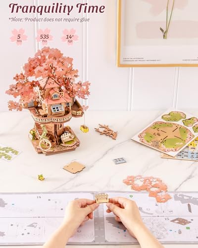 ROBOTIME DIY Miniature House Kits for Adults, 3D Wooden Puzzles for Teenager, Japanese Cherry Blossom Tree Sakura Bonsai Plants for Birthday Gifts and Hobbies (Sakura Tree House) - Image 5