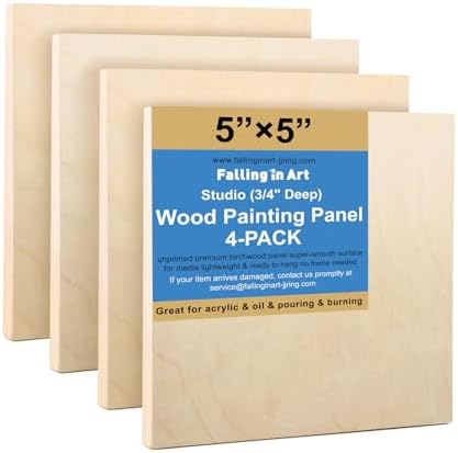 Falling in Art 4 Pack 5x5’’ Unfinished Birch Wood Panels Kit for Painting by FallinginArt
