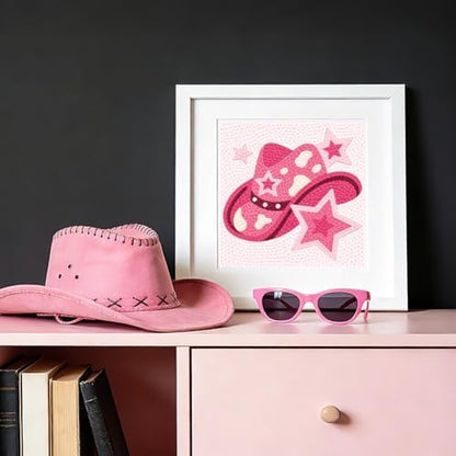 DOODLREAM Weatern Cowboy Punch Needle Kit for Beginner, 9.4"x9.4" Pink Star Hat Stitching Craft Set, DIY Embroidery Starter with Printed Frame, Instruction, Threader, Yarn, Pinch Needle - Image 6