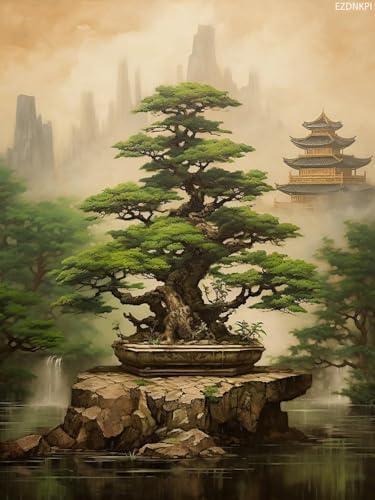 EZDNKPI Stamped Cross Stitch Kits, Bonsai Tree in a Zen Garden, Printed Cross Patterns, Embroidery Crafts Needlepoint Kit, Beginners Starter Kits, DIY Handmade Gifts 11CT 3 Strands 12x16inch by EZDNKPI