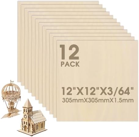12 Pack Basswood Sheets 12"×12"×3/64" Unfinished Plywood Sheet by Unknown