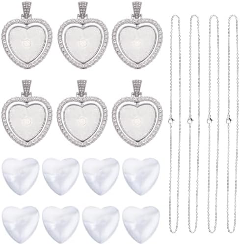 24Pcs 6 Sets Pendant Tray Set Heart Bezel Trays with Glass Cabochons and Chain Shiny Rhinestone Double Sided Rotatable Charm for Jewelry Making Supplies DIY Necklace Birthday Gift Adults - Image 7