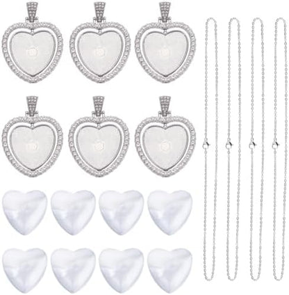 24Pcs 6 Sets Pendant Tray Set Heart Bezel Trays with Glass Cabochons and Chain Shiny Rhinestone Double Sided Rotatable Charm for Jewelry Making Supplies DIY Necklace Birthday Gift Adults - Image 7