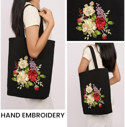 CREAWONDER Canvas Tote Bag Embroidery Kit with Pattern for Beginners, Arts and DIY Embroidery Crafts Kits for Adults, Include Instructions, Embroidery Hoops, Color Threads and Tool - Image 2