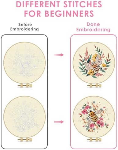 TINDTOP 2 Pack Embroidery Kit for Adult, Embroidery DIY Starter Kit, with Stamped Patterns, Hoop, Tools, Colorful Threads with Needles, Instructions (Bee) - Image 3