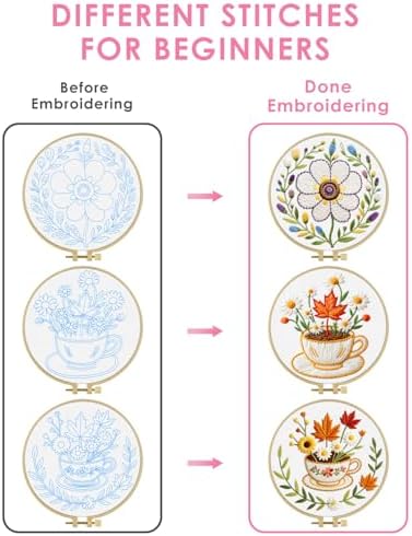 TINDTOP Embroidery Kit for Adult, 3 Pack Embroidery DIY Starter Kit, with Stamped Patterns, Hoop, Tools, Colorful Threads with Needles, Instructions (Flower Cup) - Image 3