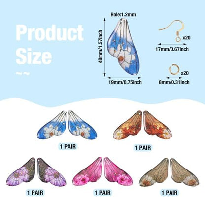 FASHEWELRY Resin Butterfly Wing Charms Transparent Wings Earring Charms Glitter Feather Pendants with Golden Jump Rings Earring Hooks for Crafts Jewelry Making (50Pcs/box) - Image 2