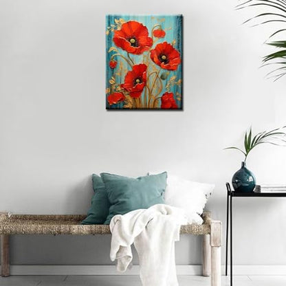 Aihonmin Beautiful Blossom Floral Paint by Number for Adult and Kids Beginner,red Petal Canvas Oil Painting Kit Digital Painting,Vintage Watercolor Living Room Decoration,(Without Frame - Image 2