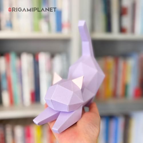 3D Origami Paper Craft Kit, Yoga Kitten Cute DIY Pre-Cut Animal Papercraft Model for Beginners, Fun Handmade Home Decoration Gift for Adults & Teens-Purple - Image 2