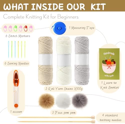 Syhood Hat Knit Set with Yarn Bamboo Needle Pom,White, Khaki White, Khaki - Image 2