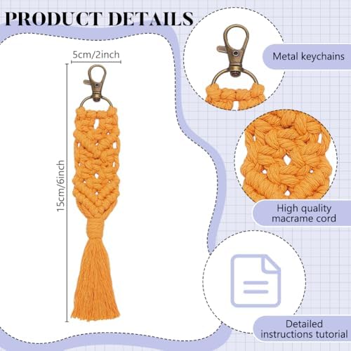 BEUNITONE 16Pcs Colorful Keychain Making Kit with Instruction, Adult Boho Macrame Cord Keychain DIY Craft Supplies Kits for Beginners, Keychains Decoration for Phone, Car, Key - Image 3