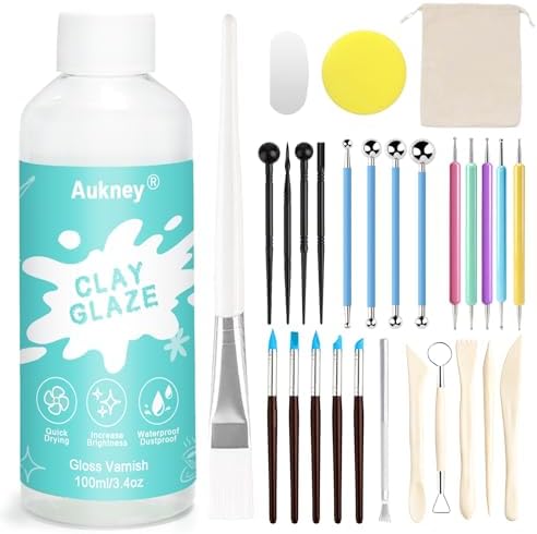 Aukney 100ML Air Dry Clay Varnish and 29pcs Tool Kit, High Gloss Air Dry Clay Glaze, Sealant, Prevent Clay from Cracking, and Scratch Resistant - Pottery Tools for Stippling, Shaping Clay Crafts by Aukney