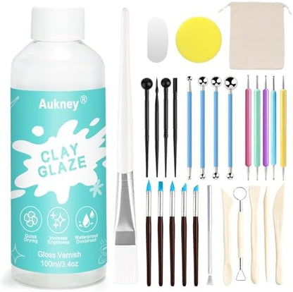 Aukney 100ML Air Dry Clay Varnish and 29pcs Tool Kit, High Gloss Air Dry Clay Glaze, Sealant, Prevent Clay from Cracking, and Scratch Resistant - Pottery Tools for Stippling, Shaping Clay Crafts by Aukney