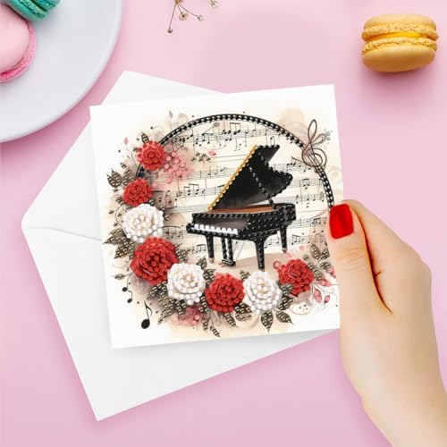 jinglinhh 6pcs Diamond Art Painting Piano Flower Guitar Greeting Cards with Envelopes, DIY Card Making Kits for Adults, Diamond Art Postcards Holiday Cards Craft Gifts - Image 4