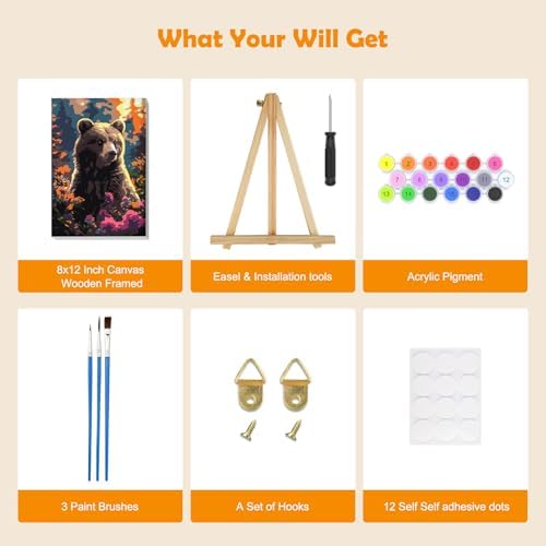 MOGTAA Bear Paint by Numbers Kit for Adults Beginners with Frame, Flowers Adult Paint by Number Kits on Canvas with Easel, Easy DIY Oil Painting Kits for Home Decor, 8x12in - Image 5