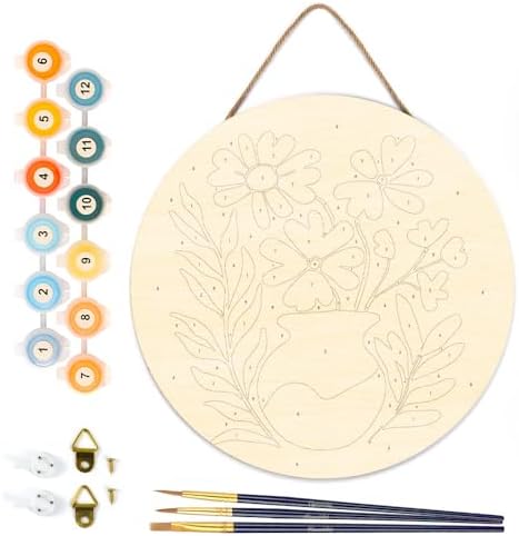 Figured'Art Paint by Numbers Kit for Adults on Wood Slice, 11.8in Diameter - Pot of Flowers - Craft Art Painting DIY Canvas - Image 6