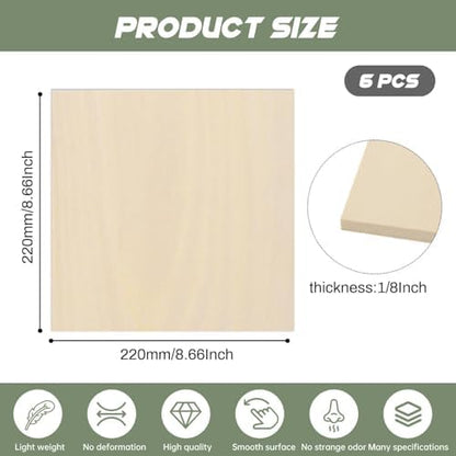 6 Pack Plywood Sheets, 8.66" x 8.66"x 1/8" Basswood Sheets - Image 2