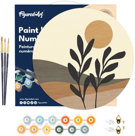 Figured'Art Paint by Numbers Kit for Adults on Wood Slice, 11.8in Diameter - Abstract Plants in The Sun - Craft Art Painting DIY Canvas - Image 7