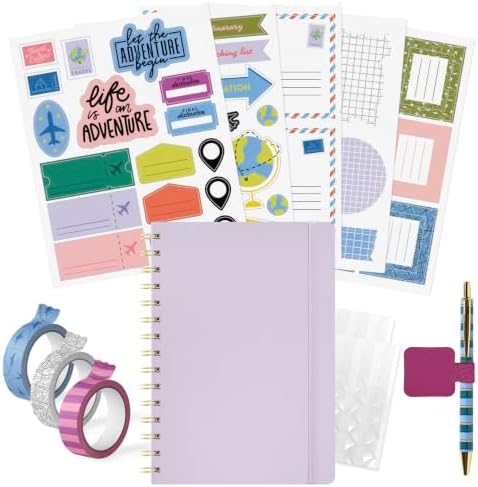 PAPERAGE Travel Journal Kit, Travel Notebook & Scrapbook Set, Hardcover Blank Spiral Notebook, 5 Sticker Sheets, 2 Photo Corners, 3 Washi Tapes & Black-Ink Gel Pen with Pen Holder - Lavender by PAPERAGE