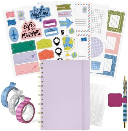 PAPERAGE Travel Journal Kit, Travel Notebook & Scrapbook Set, Hardcover Blank Spiral Notebook, 5 Sticker Sheets, 2 Photo Corners, 3 Washi Tapes & Black-Ink Gel Pen with Pen Holder - Lavender by PAPERAGE