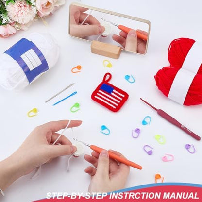 WEBEEDY 4 Sets DIY Flag Crochet Pouch Kit for Adults Beginners, Complete DIY Crochet Knitting Bag Keychain Craft Set with Red White Blue Yarn, Video Tutorial for Patriotic Independence Day Decor Gift - Image 4
