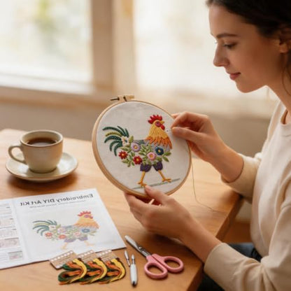 Herdiese Embroidery Kit for Beginners, Rooster Flower Set with Hoop - Image 5