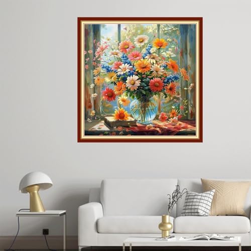 Joyhoor Cross Stitch Kits for Beginners Stamped Cross-Stitch Supplies Needlework preprint Embroidery Kits for Adults DIY Needlepoint Kit Embroidery Patterns 11CT-Flowers in Front of Window 18x18 inch - Image 2