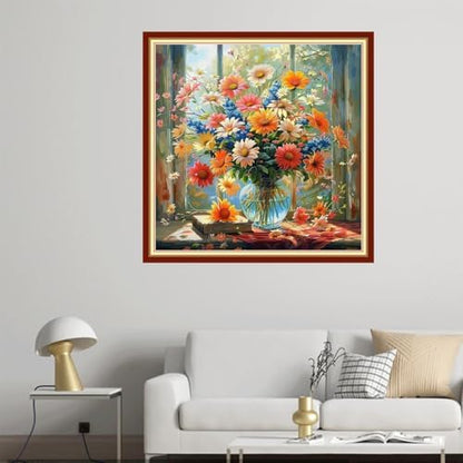 Joyhoor Cross Stitch Kits for Beginners Stamped Cross-Stitch Supplies Needlework preprint Embroidery Kits for Adults DIY Needlepoint Kit Embroidery Patterns 11CT-Flowers in Front of Window 18x18 inch - Image 2
