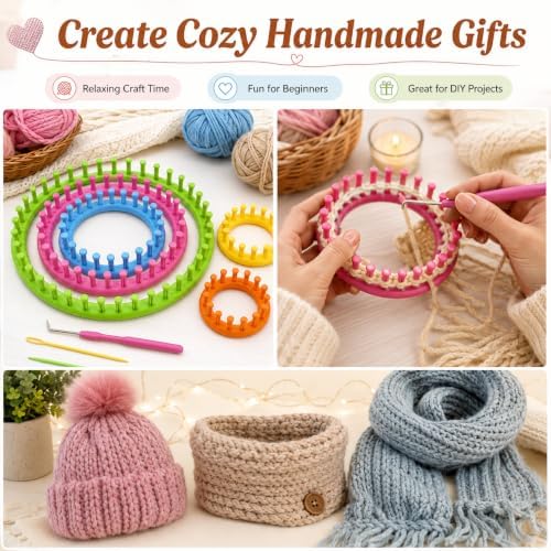 JAMIT Round Knitting Looms Set Craft Kit DIY Tool with Hook Needle, Set of 5 Plastic Looms Knitting for Hat Scarf Shawl Sweater Sock and Blankets - Image 2