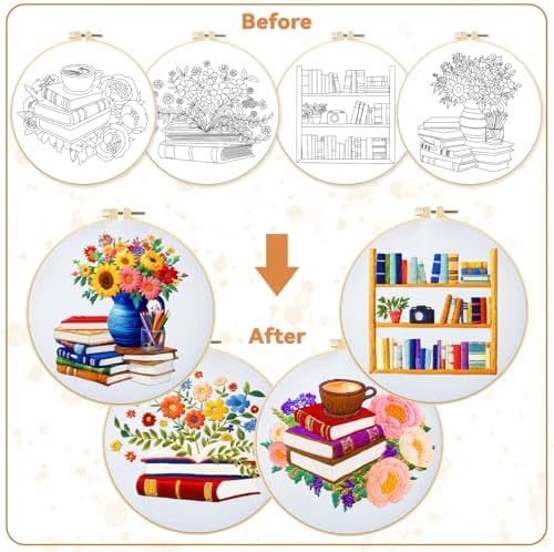 BEUNITONE 4 Set Book Flower Embroidery Kit for Adult Beginners 7.9x7.9 DIY Cross Stitch Kits Needlepoint Starter Kit with Pre-Printed Design and Hoops, Stamped Embroidery Kit for Home Ofiice Decor - Image 4